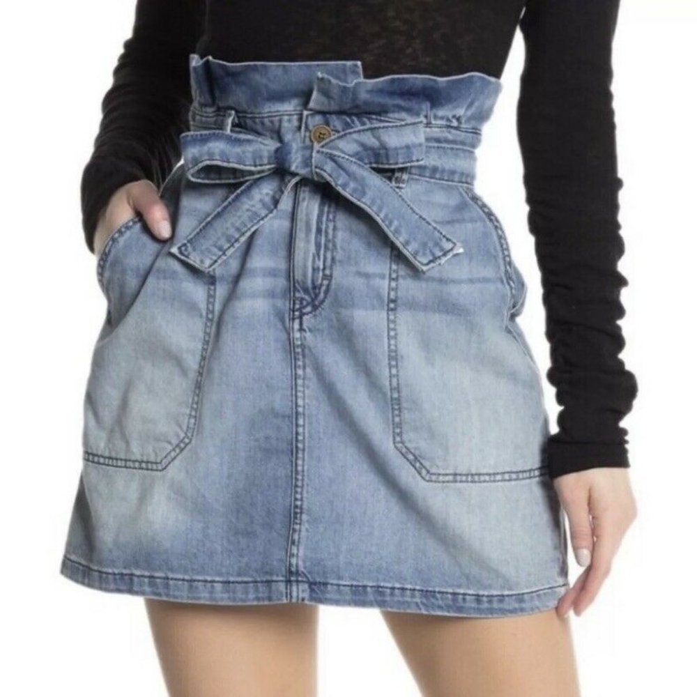 Free People Denim Skirt Splendor in the Grass Paper Bag Waist Belted Sz 10 NWT.